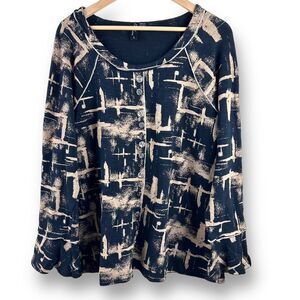 Ethyl Clothing Women's L Abstract Print Popover Blouse Black Tan Artsy Lagenlook